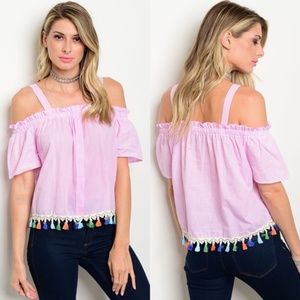 Short Sleeve Off The Shoulder Tassel Hem Top